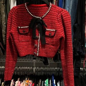 Maje Red Textured Blazer with Black Bow